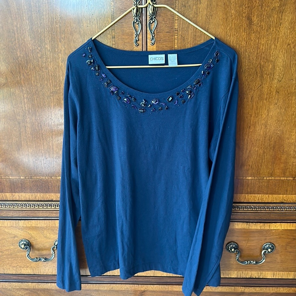 Chico’s jeweled neck, long sleeve top